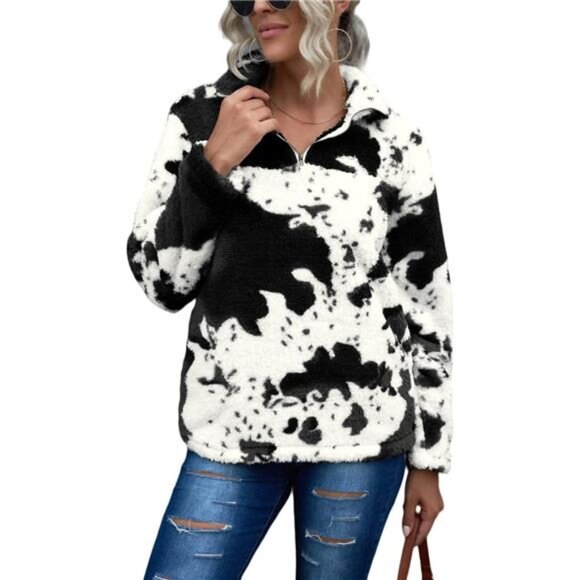 Womens Plus Size Long Sleeve Casual Zip Collar Cow Print Fleece Jacket Tops - Picture 1 of 6